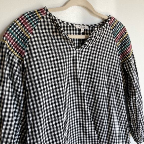 Madewell Womens Small Black & White Gingham Rainbow Embroidered Boho Peasant Top - Picture 9 of 9